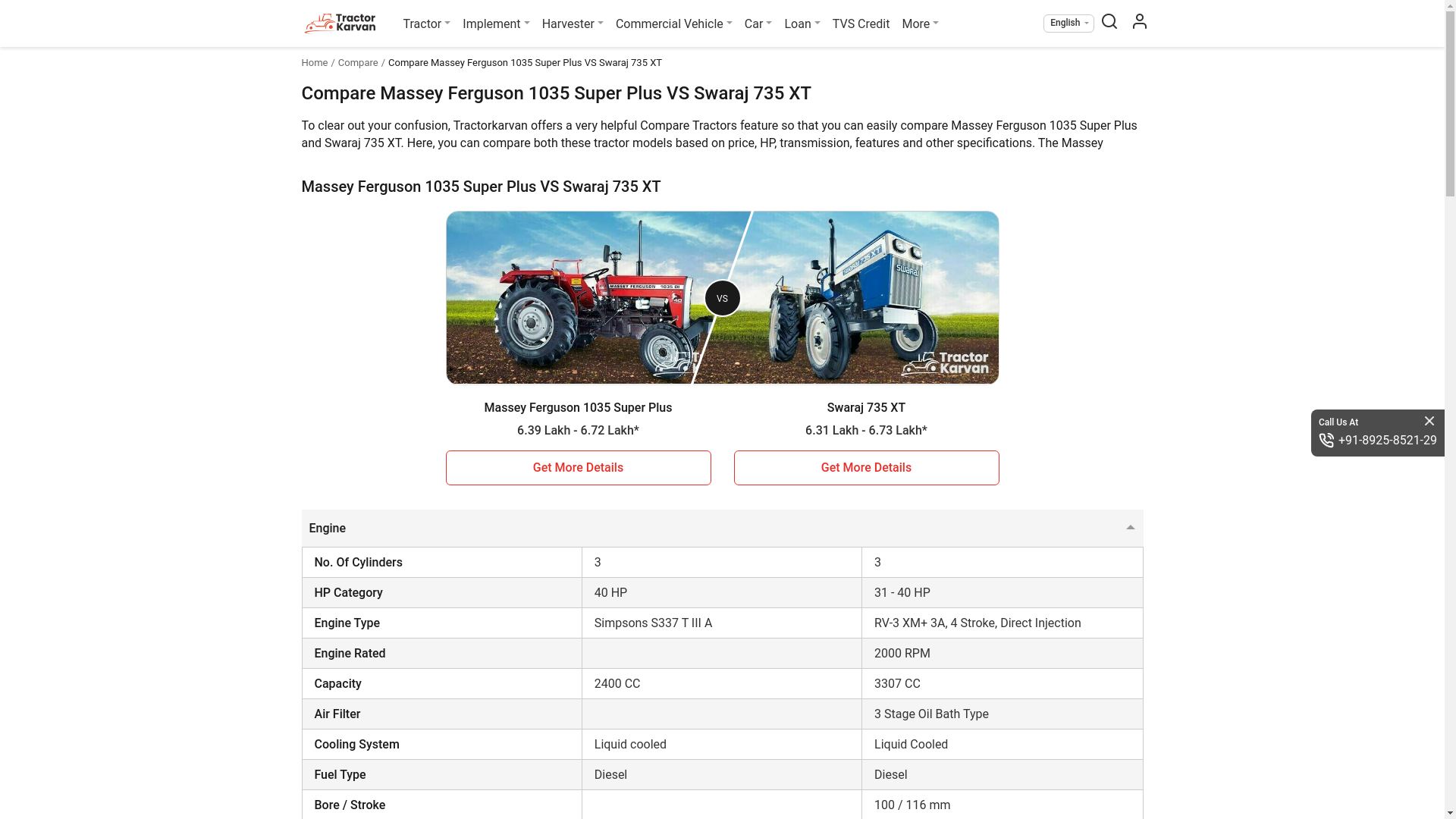 website screenshot of https://tractorkarvan.com/compare-tractors/massey-ferguson-1035-super-plus-vs-swaraj-735-xt