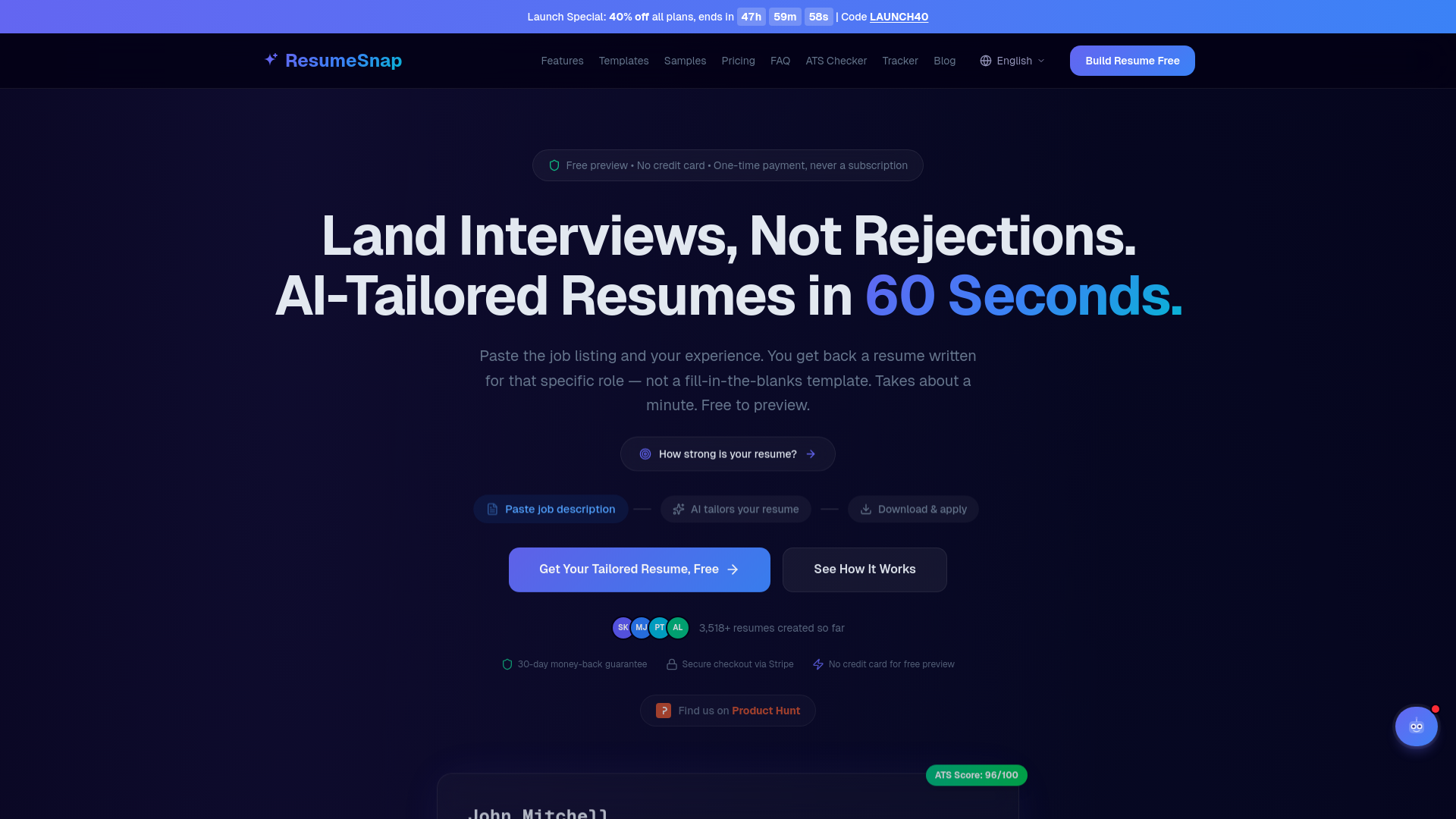 website screenshot of https://resumesnap.io