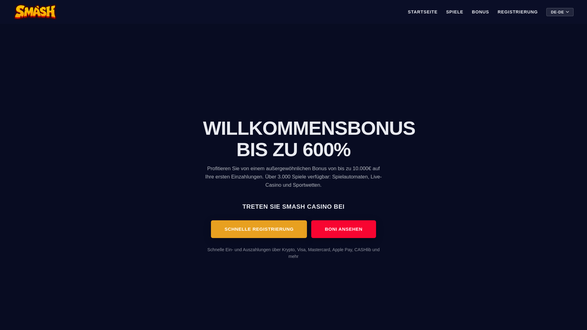 website screenshot of https://smash-casino.de/