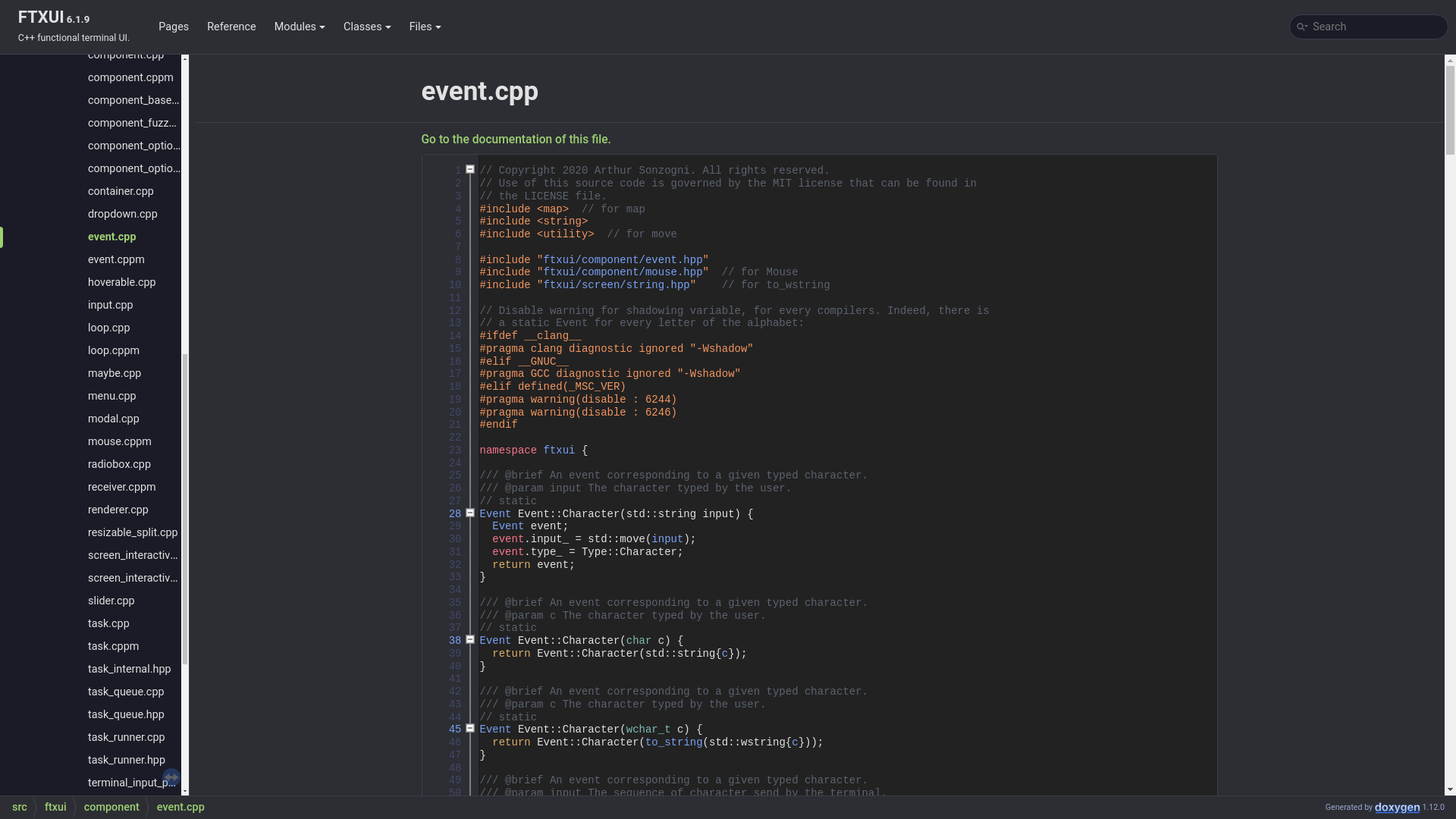 website screenshot of https://arthursonzogni.github.io/FTXUI/event_8cpp_source.html