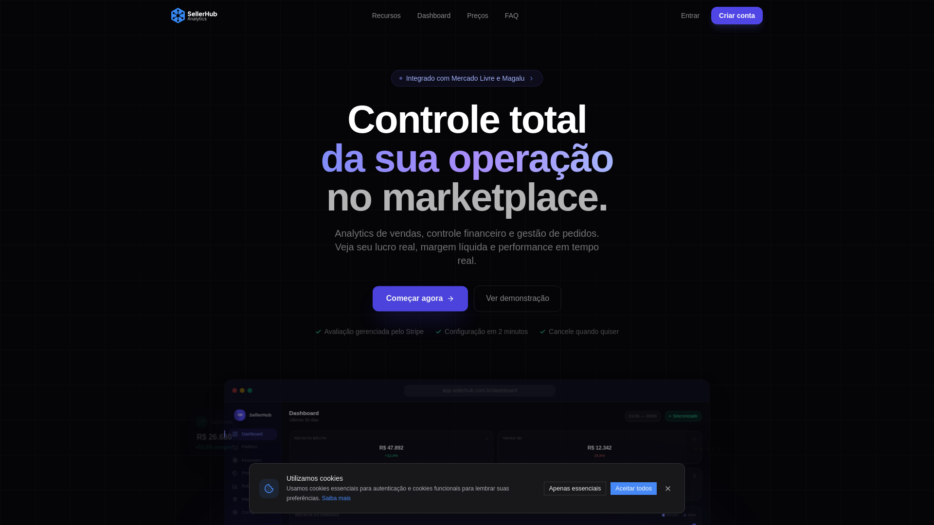 website screenshot of https://sellerhubanalytics.com.br/