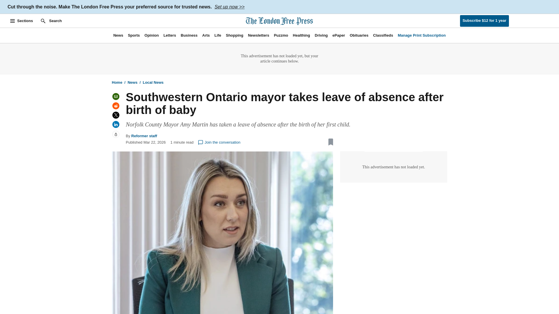 website screenshot of https://lfpress.com/news/local-news/norfolk-county-mayor-amy-martin-takes-leave-of-absence-after-birth-of-baby/wcm/df69250f-2147-4317-a264-e3e48097b21f