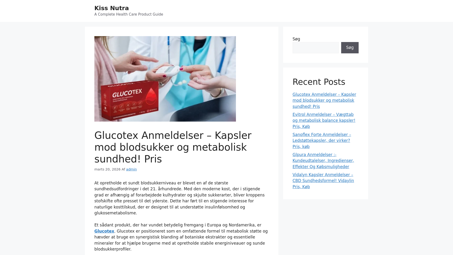 website screenshot of https://www.kissnutra.com/da/glucotex-anmeldelser/