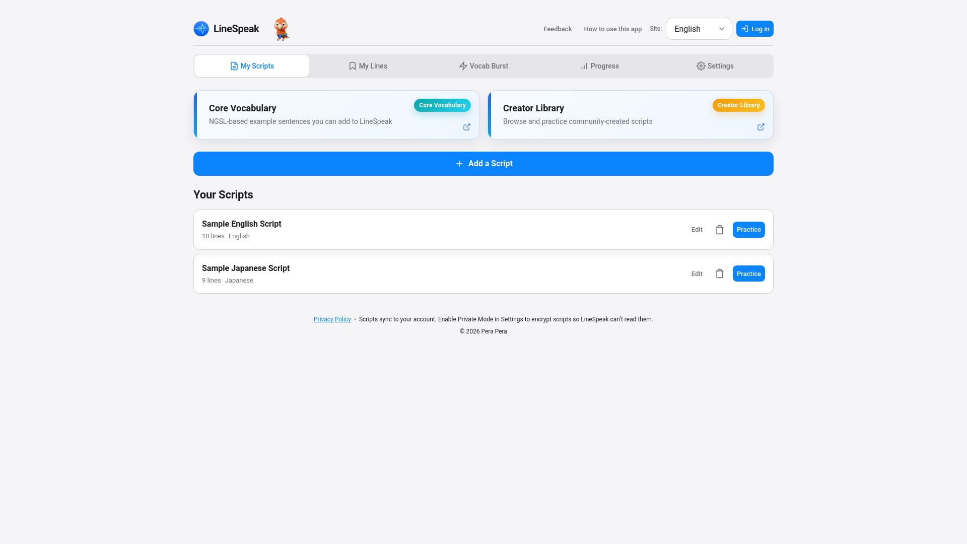 website screenshot of https://linespeak.app