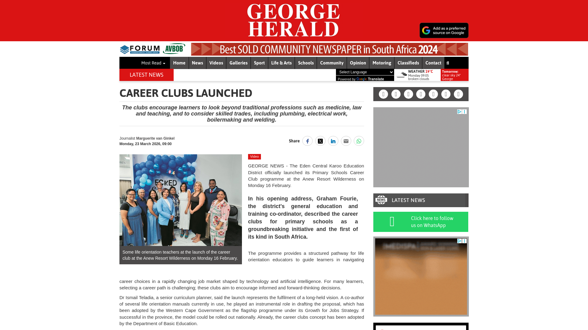 website screenshot of https://www.georgeherald.com/News/Article/National-News/career-clubs-launched-202602190318