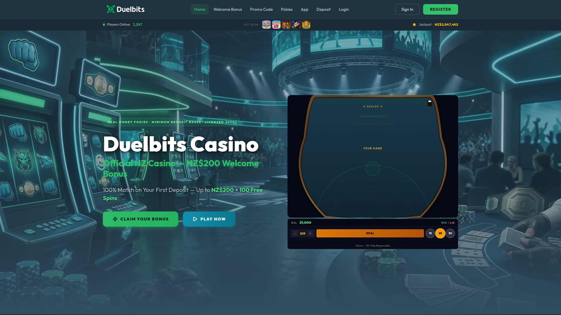 website screenshot of https://duelbits-casino-nz.com/