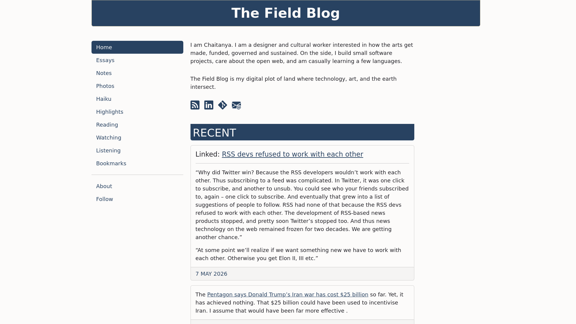 website screenshot of https://thefield.blog/