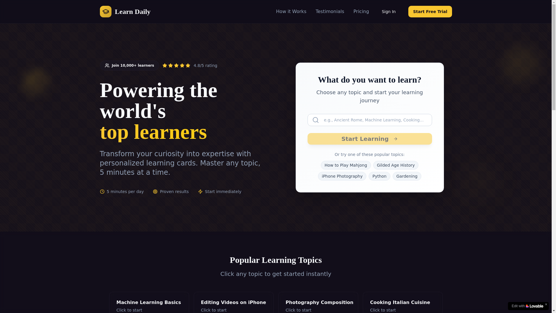 website screenshot of https://learndaily.io/