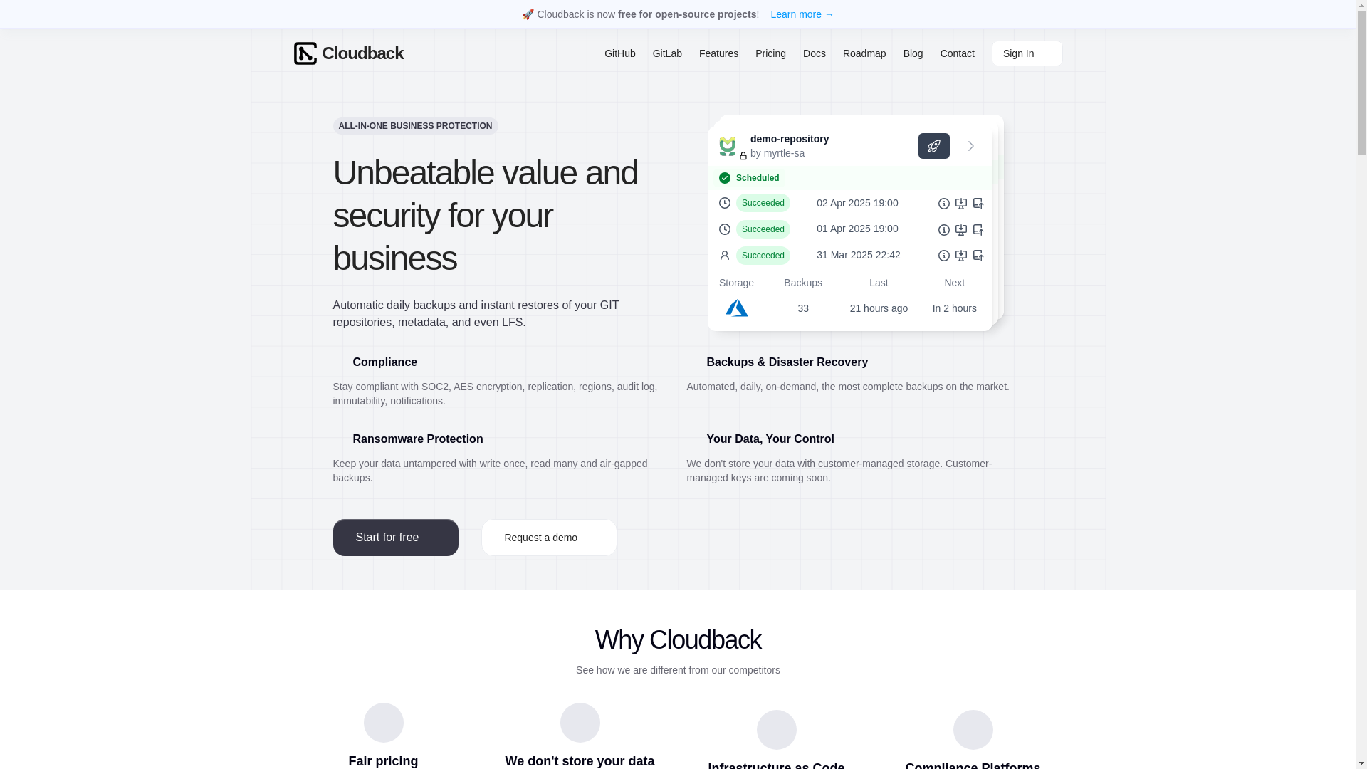 website screenshot of https://cloudback.it/