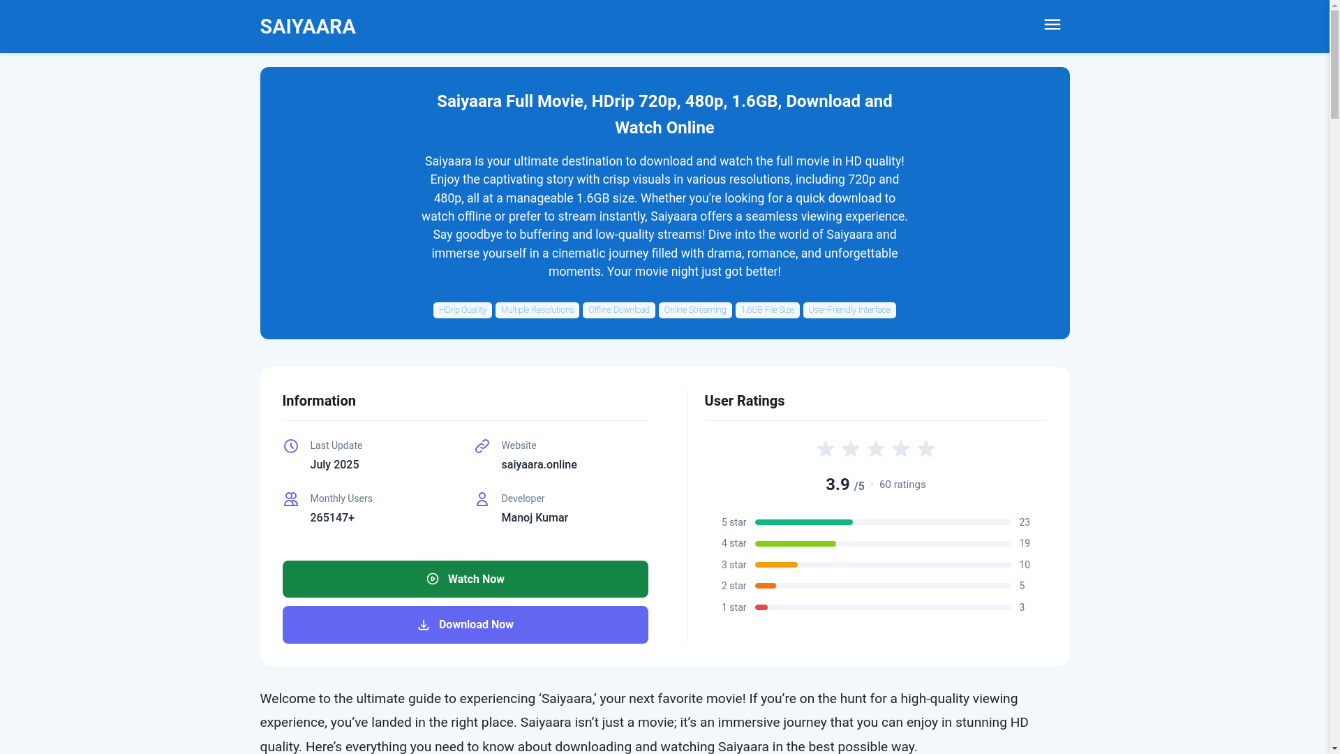 website screenshot of https://saiyaara.online/