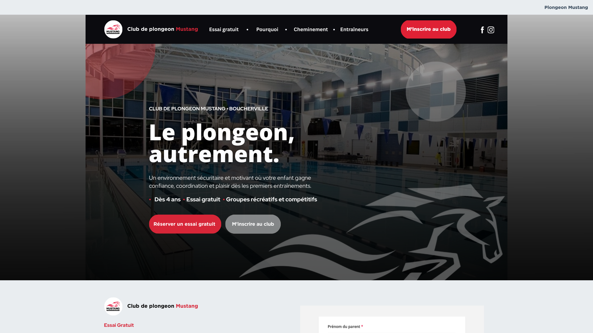 website screenshot of https://plongeonmustang.com/