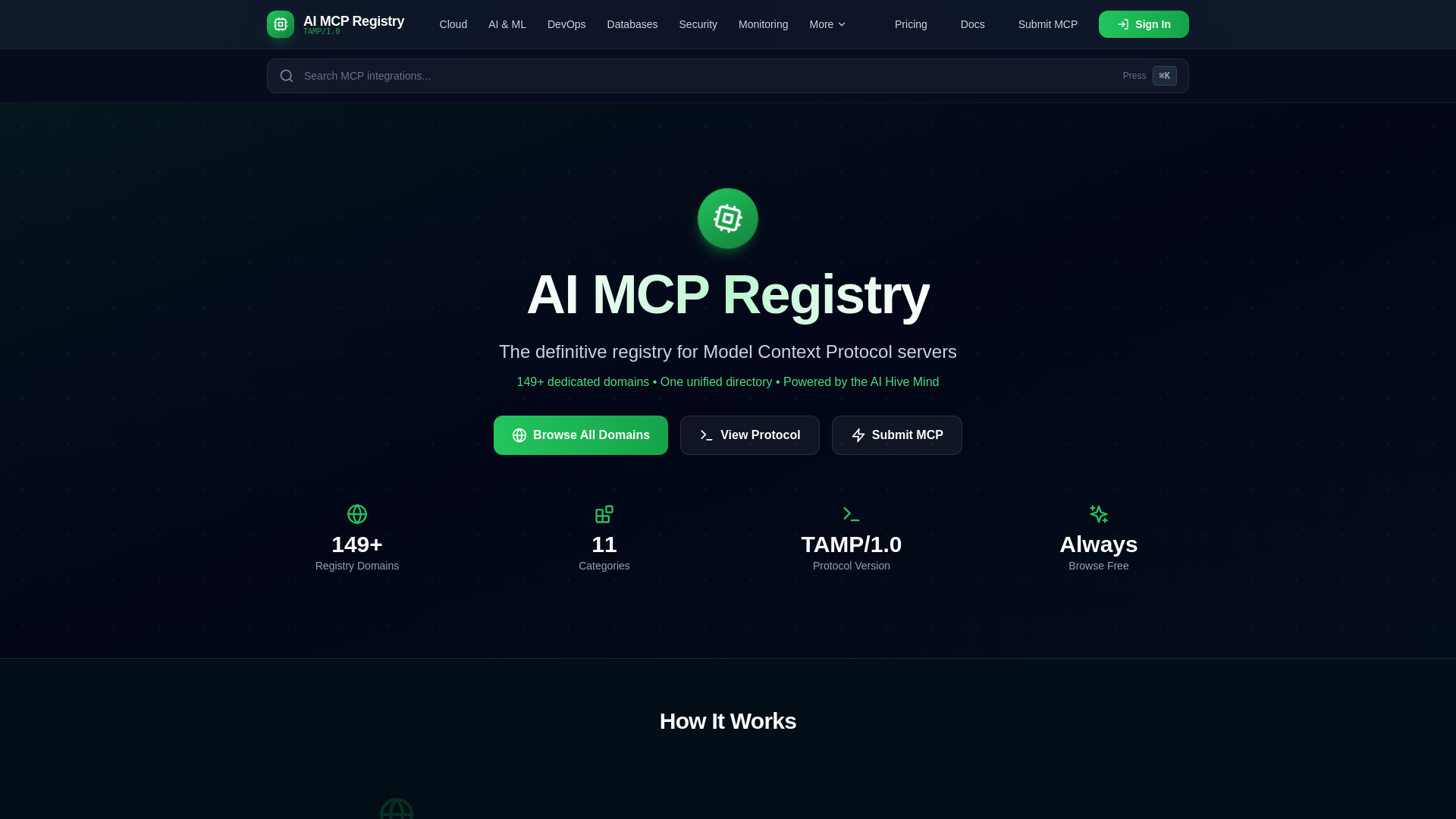 website screenshot of https://aimcpregistry.com
