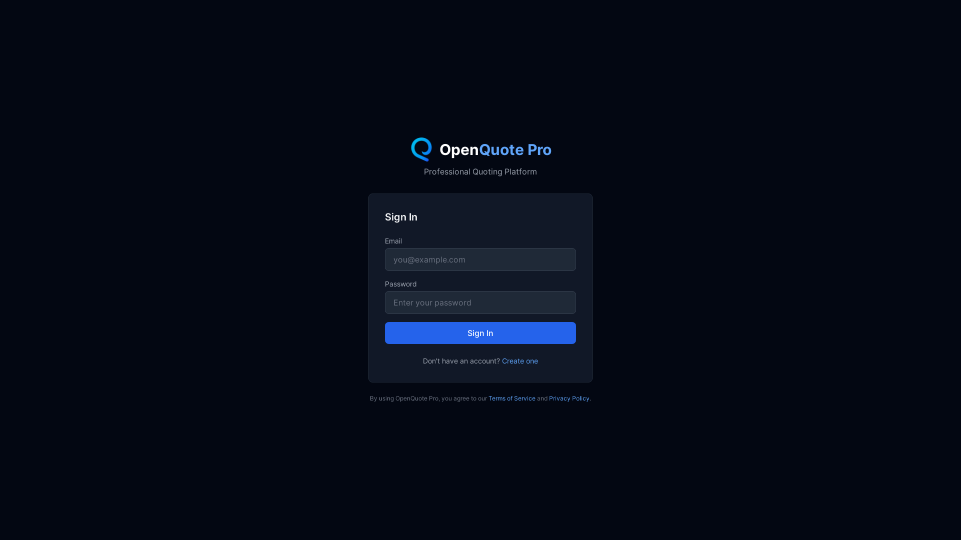 website screenshot of https://openquote.pro/