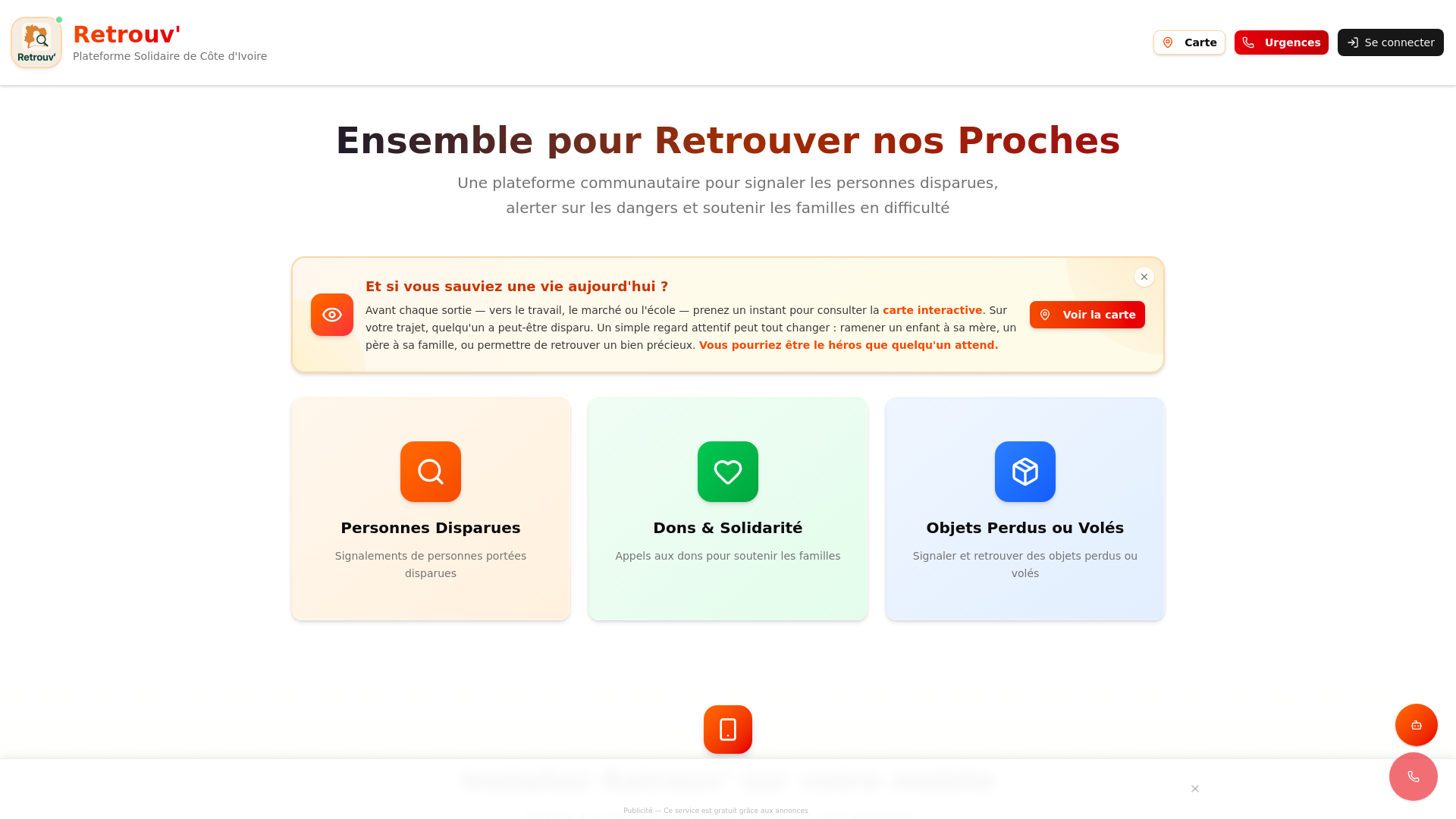 website screenshot of https://retrouv.ci
