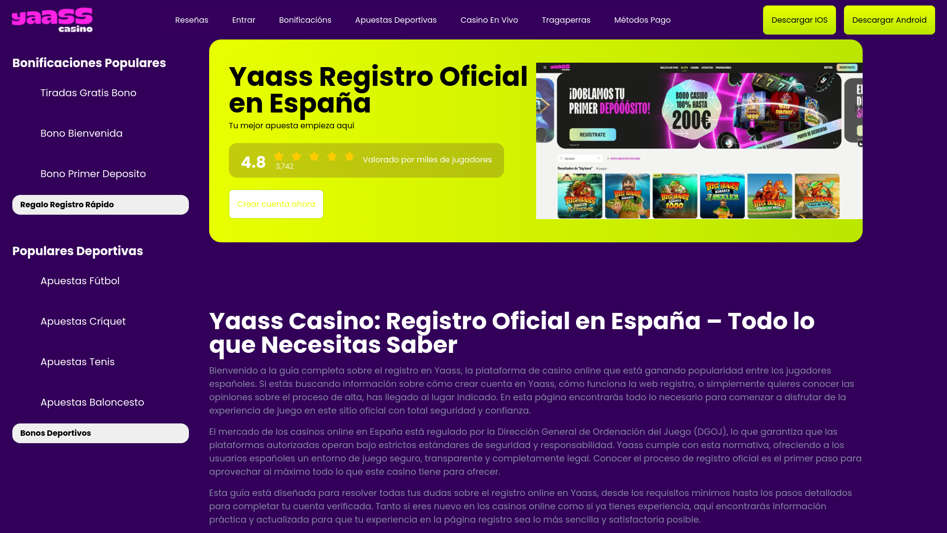 website screenshot of https://yaass-casino-registro.com/