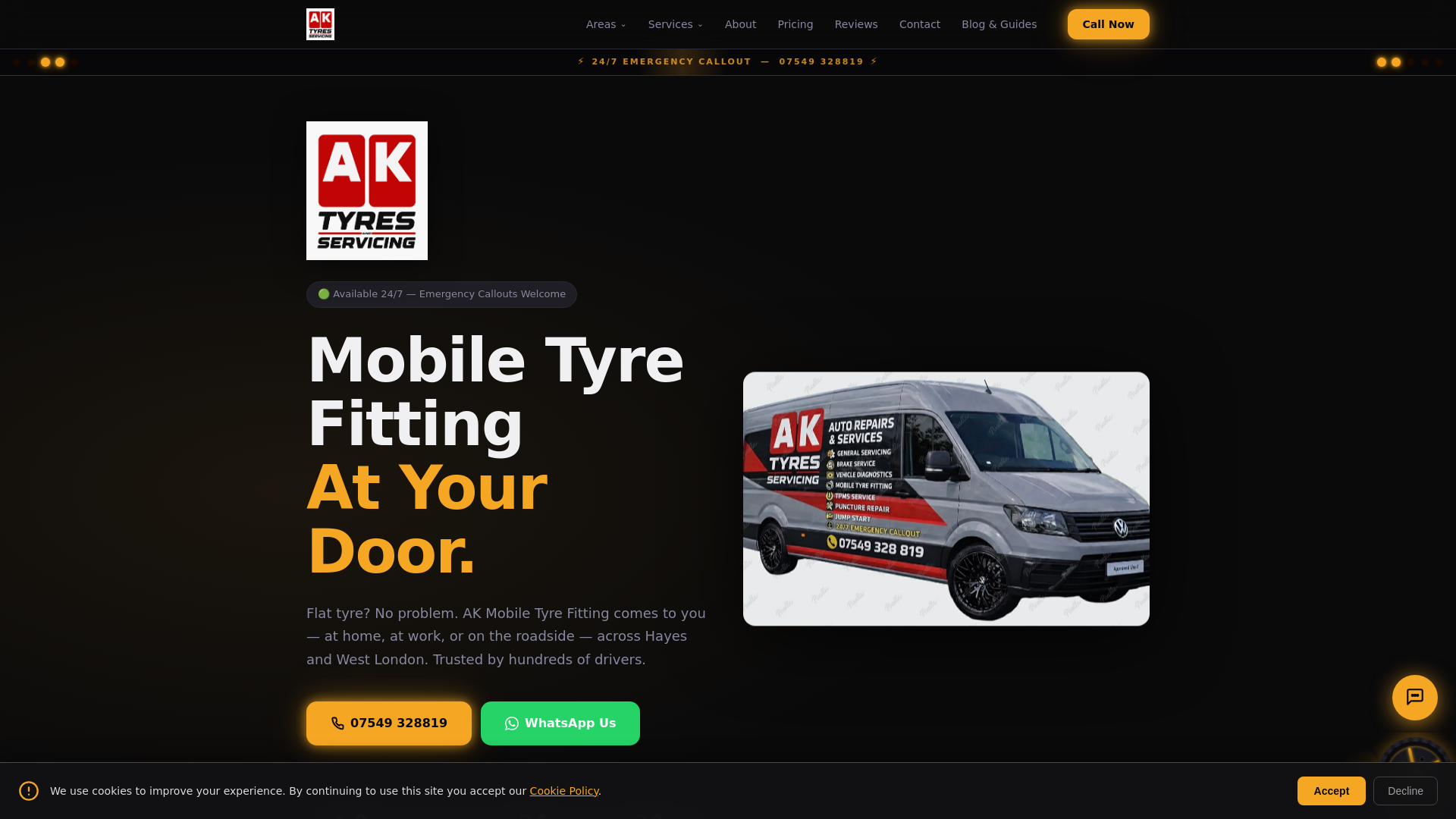 website screenshot of https://akmobiletyrefittinghayes.co.uk/