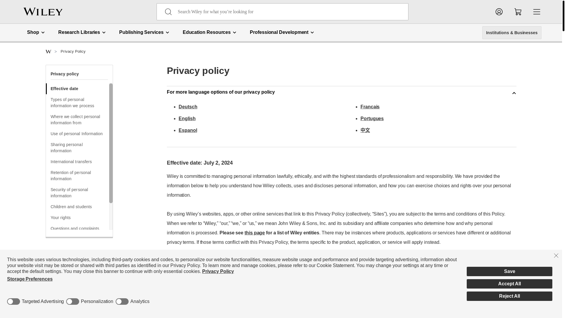 website screenshot of https://www.wiley.com/privacy