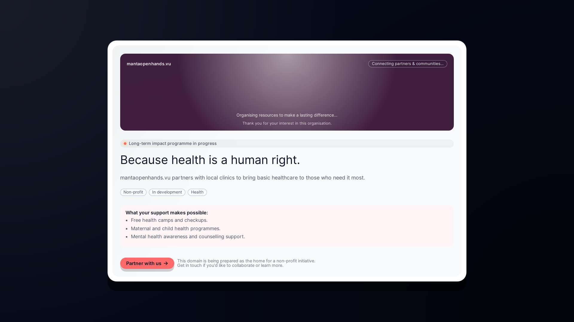 website screenshot of https://mantaopenhands.vu/