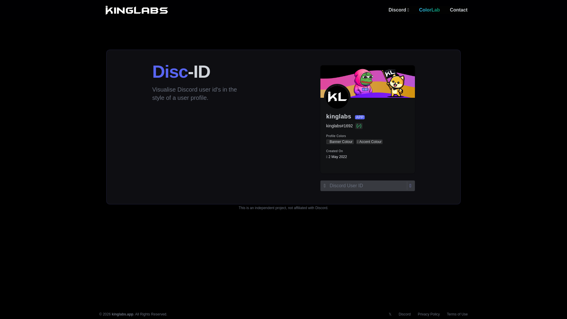 website screenshot of https://kinglabs.app/disc-id