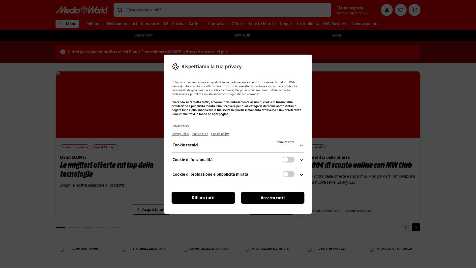 website screenshot of https://www.mediaworld.it