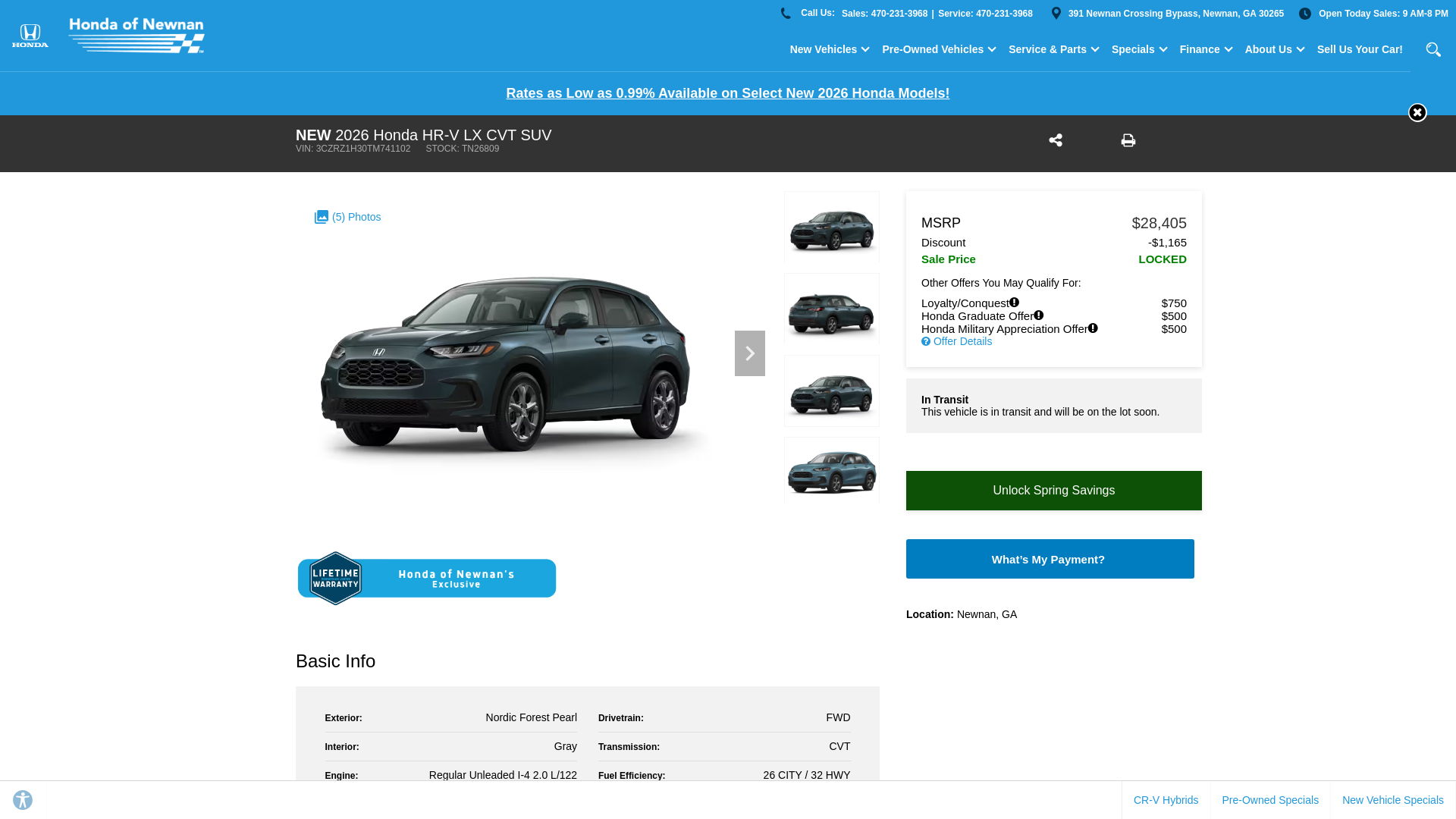 website screenshot of https://www.hondaofnewnan.com/inventory/new-2026-honda-hr-v-lx-cvt-fwd-suv-3czrz1h30tm741102/