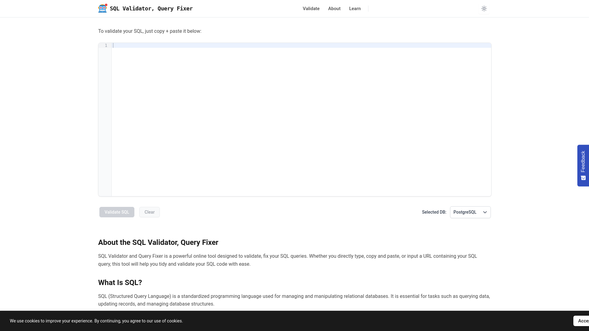 website screenshot of https://www.sqlvalidator.com/