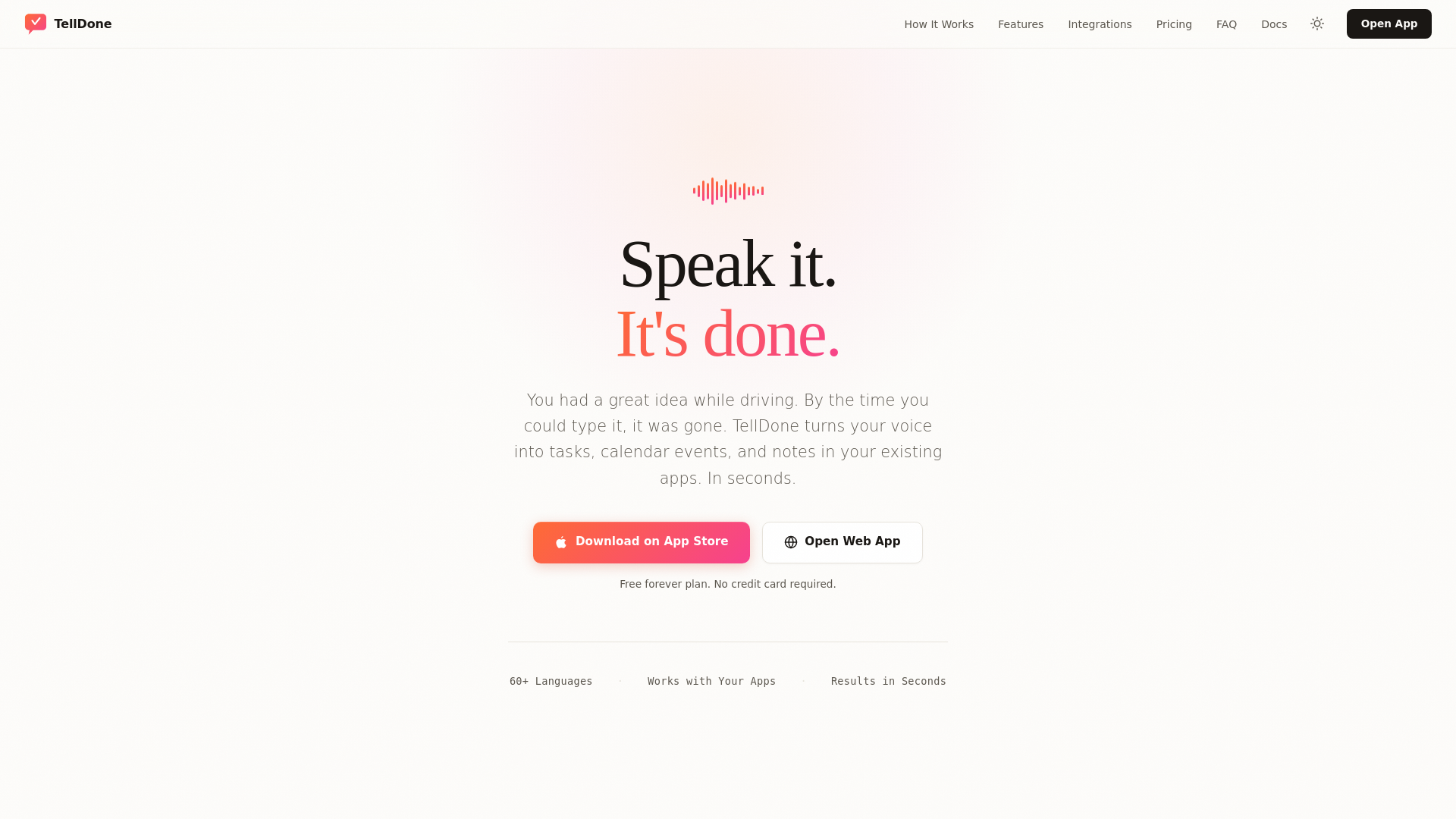 website screenshot of https://telldone.app