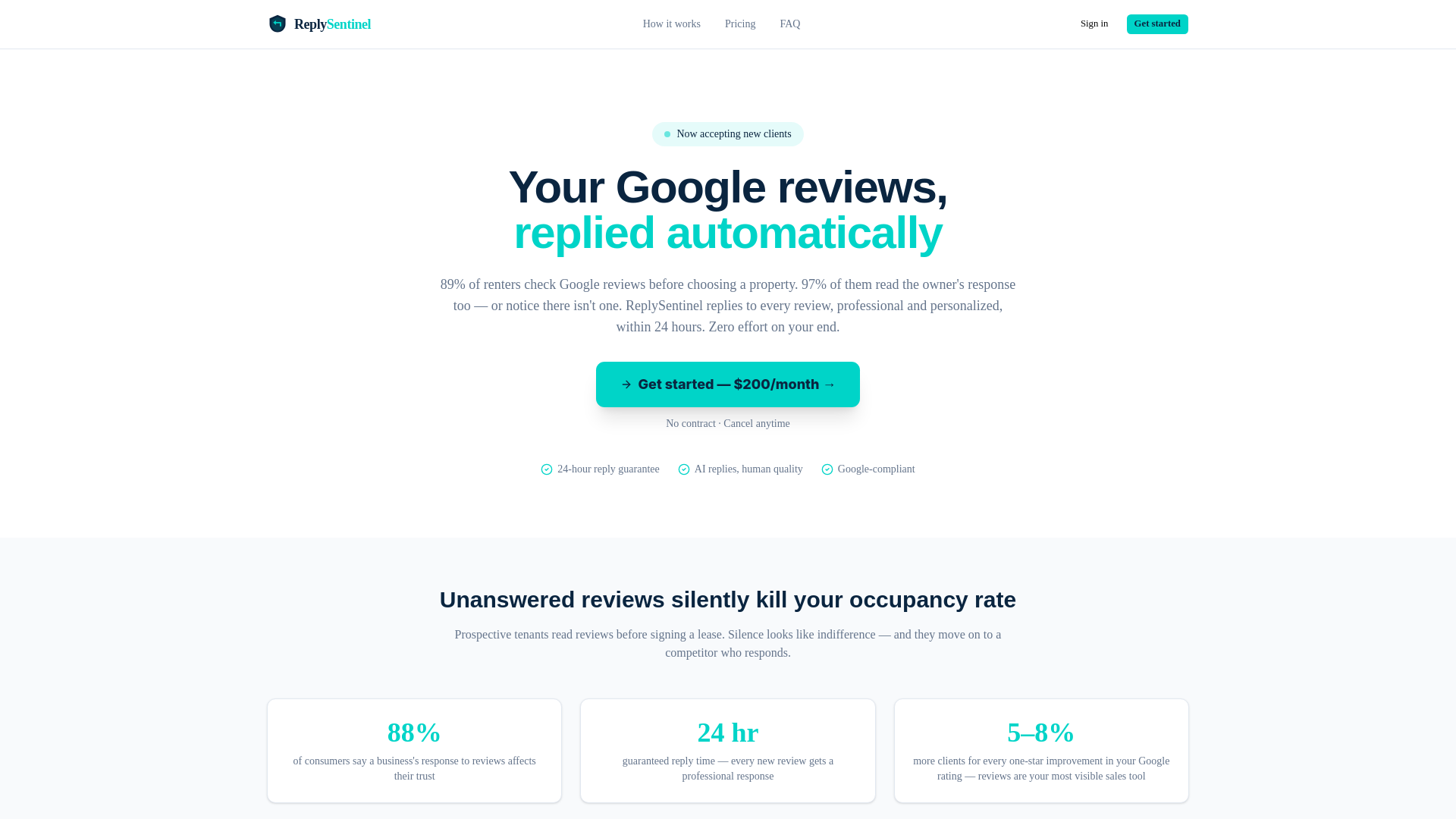 website screenshot of https://replysentinel.com