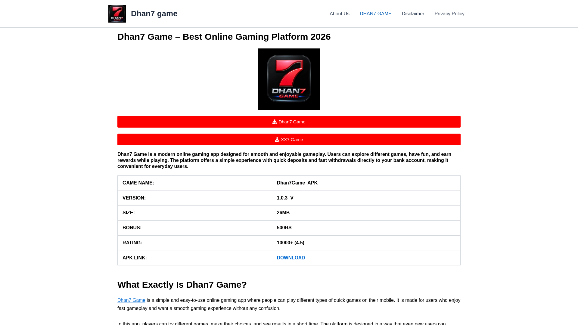 website screenshot of https://dhan7game1.com/