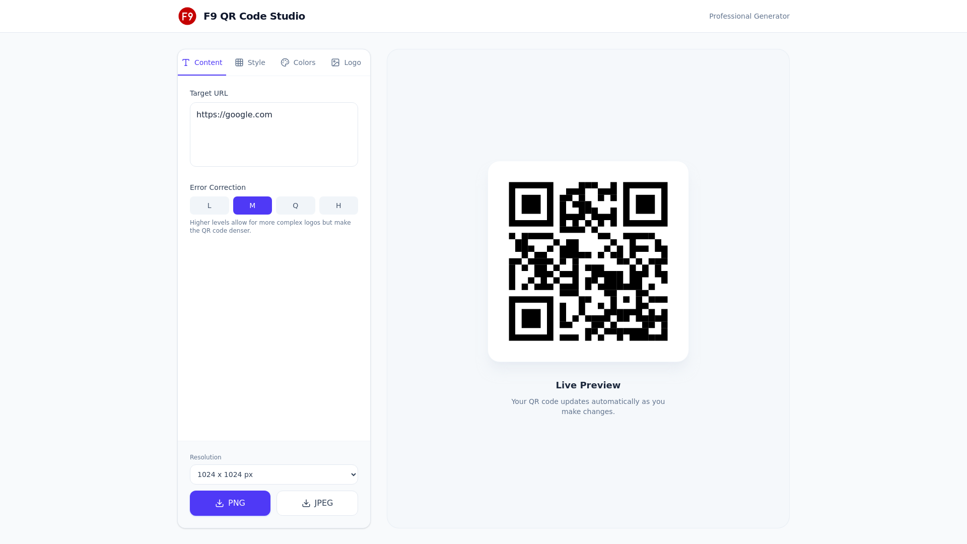 website screenshot of https://f9-qr-code-studio.pages.dev/