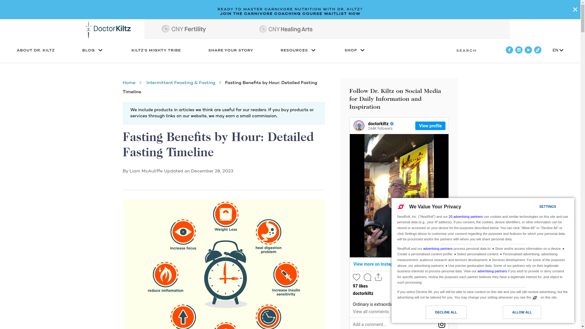 website screenshot of https://www.doctorkiltz.com/fasting-benefits-by-hour