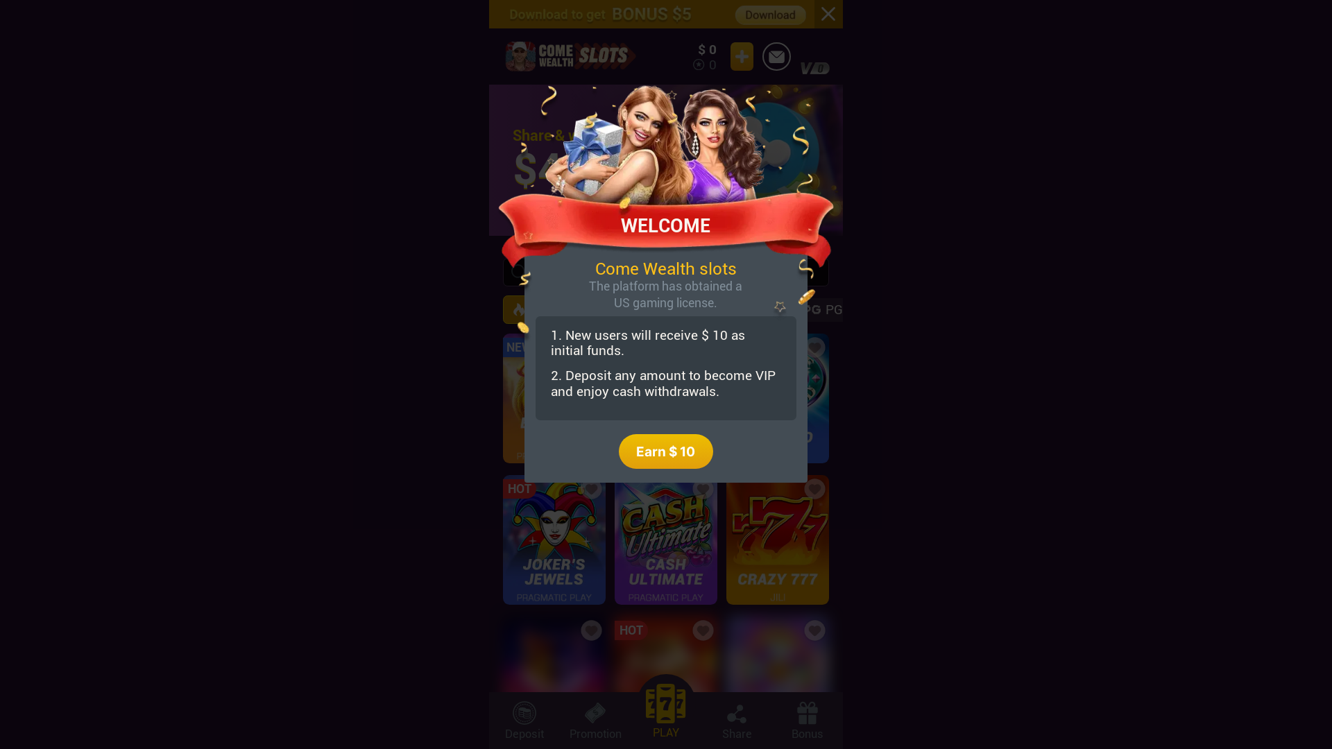 website screenshot of https://comewealthslots.vip/