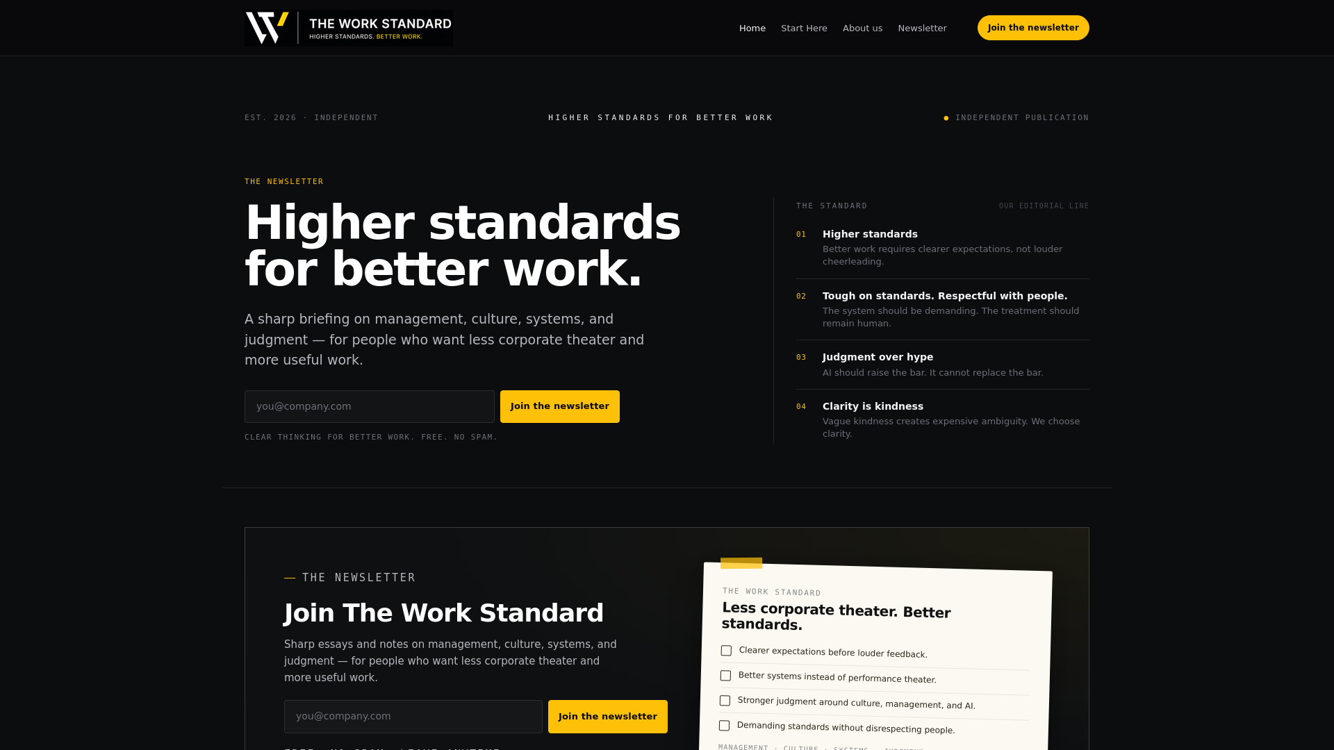 website screenshot of https://theworkstandard.com/