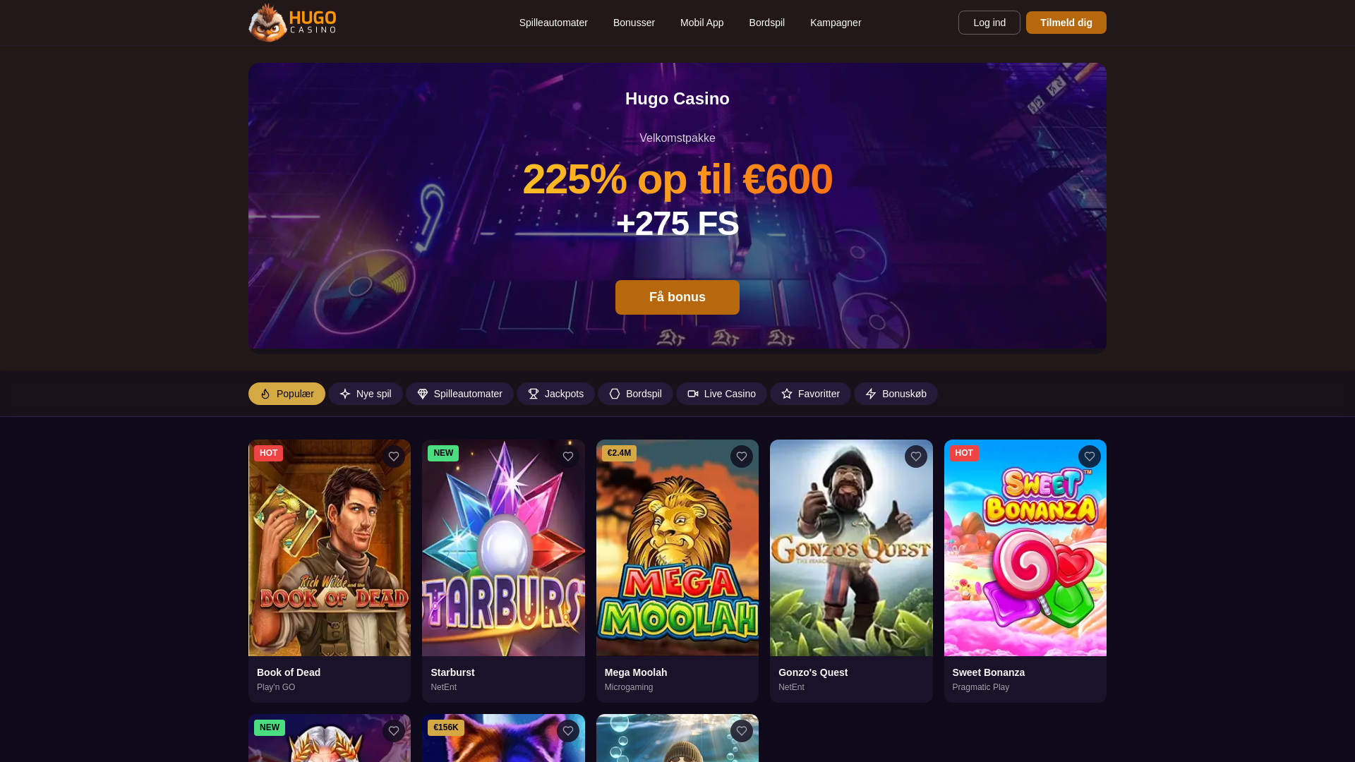 website screenshot of https://hugo-casinoonline.dk/