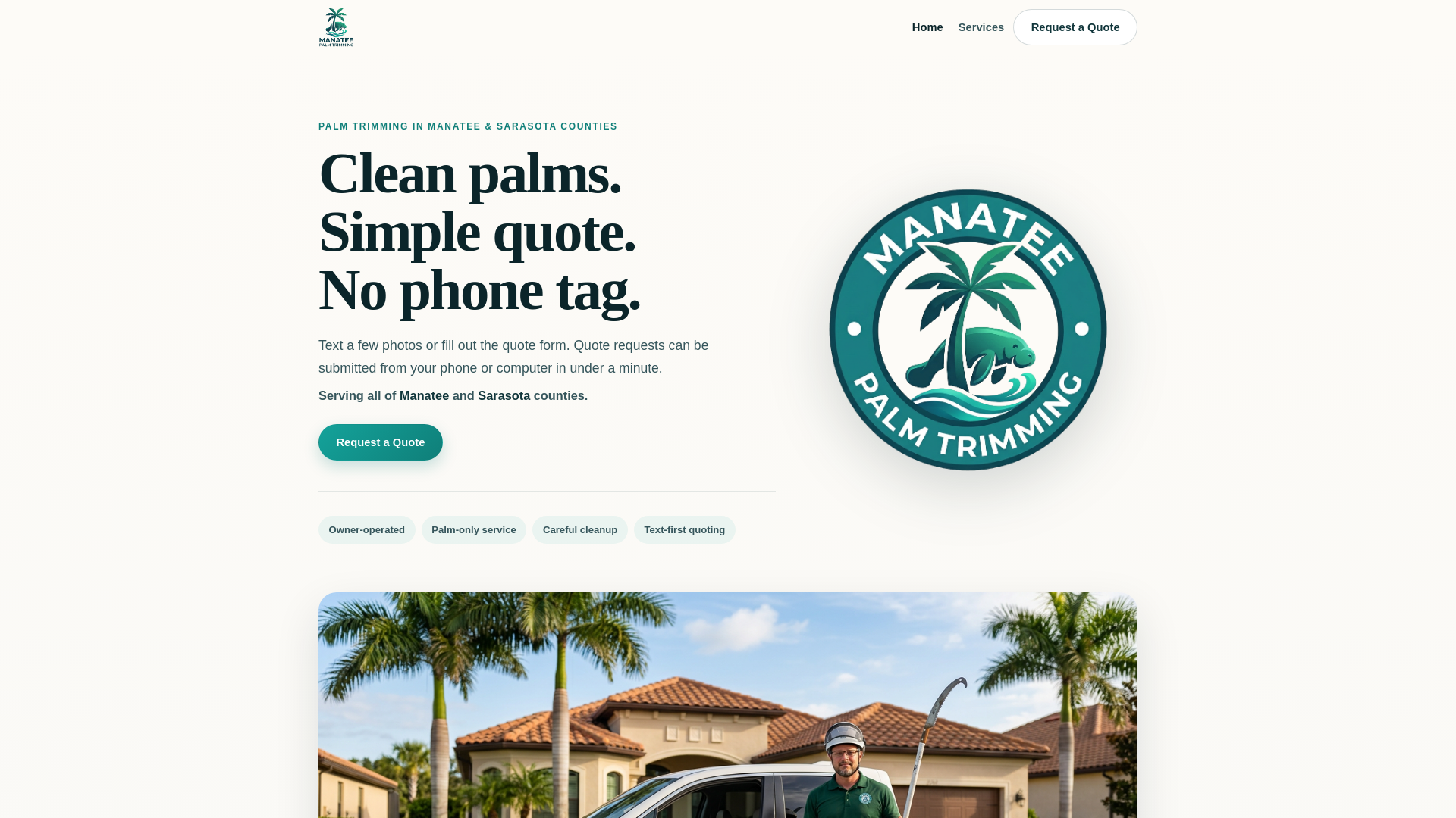 website screenshot of https://manateepalmtrimming.com