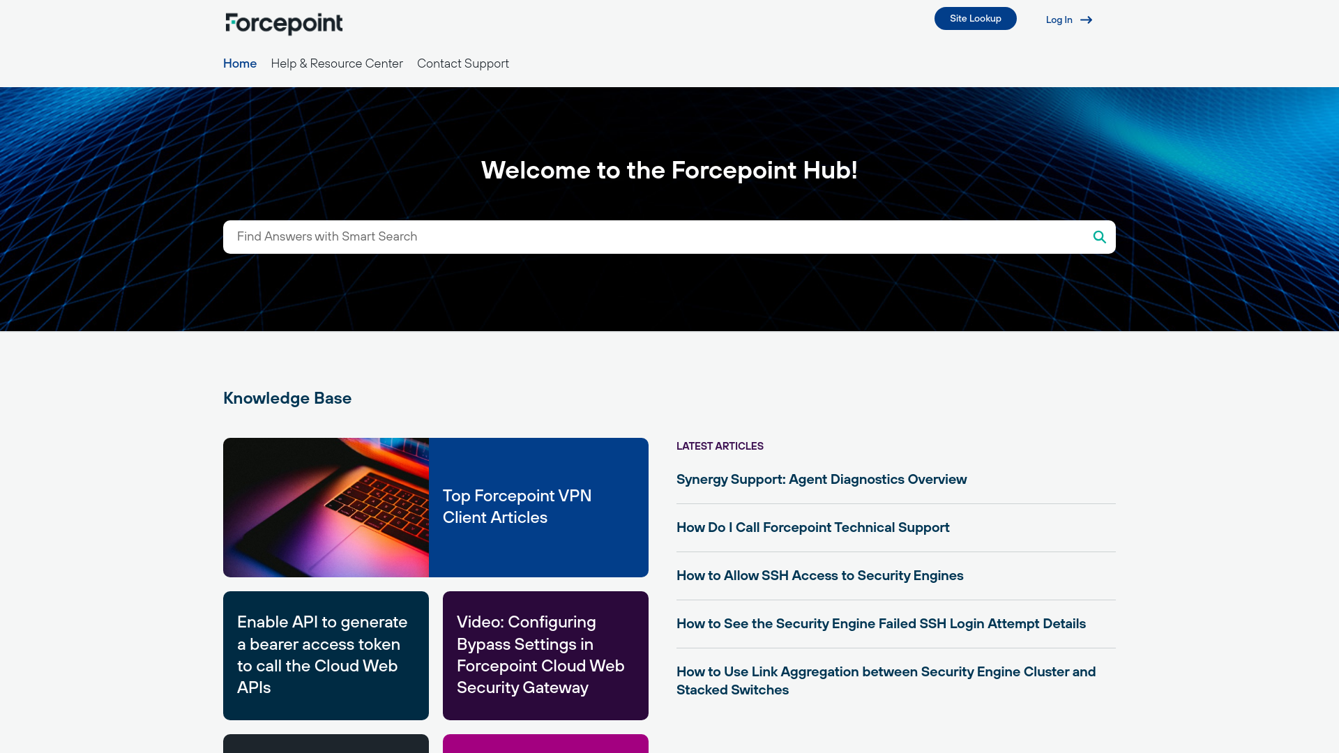 website screenshot of https://support.forcepoint.com/