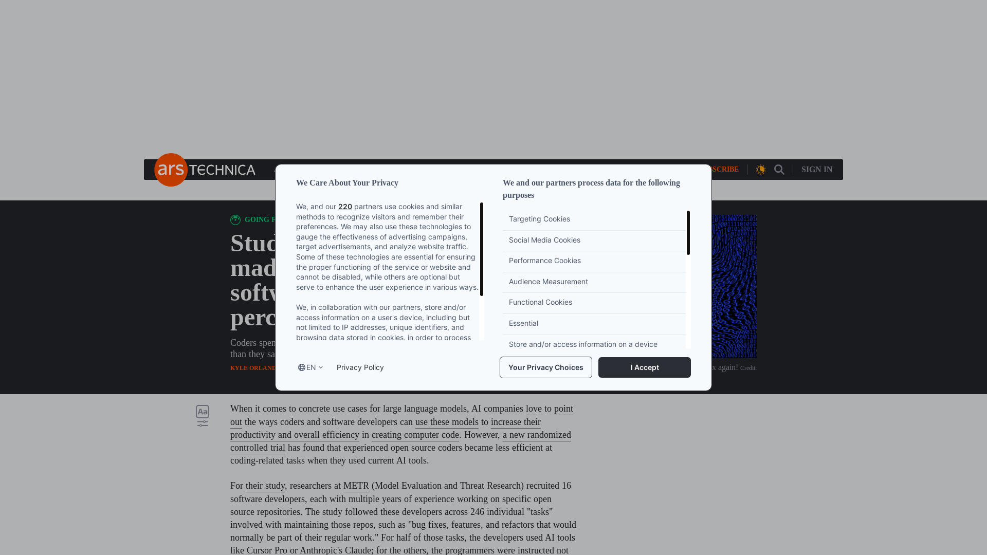 website screenshot of https://arstechnica.com/ai/2025/07/study-finds-ai-tools-made-open-source-software-developers-19-percent-slower/