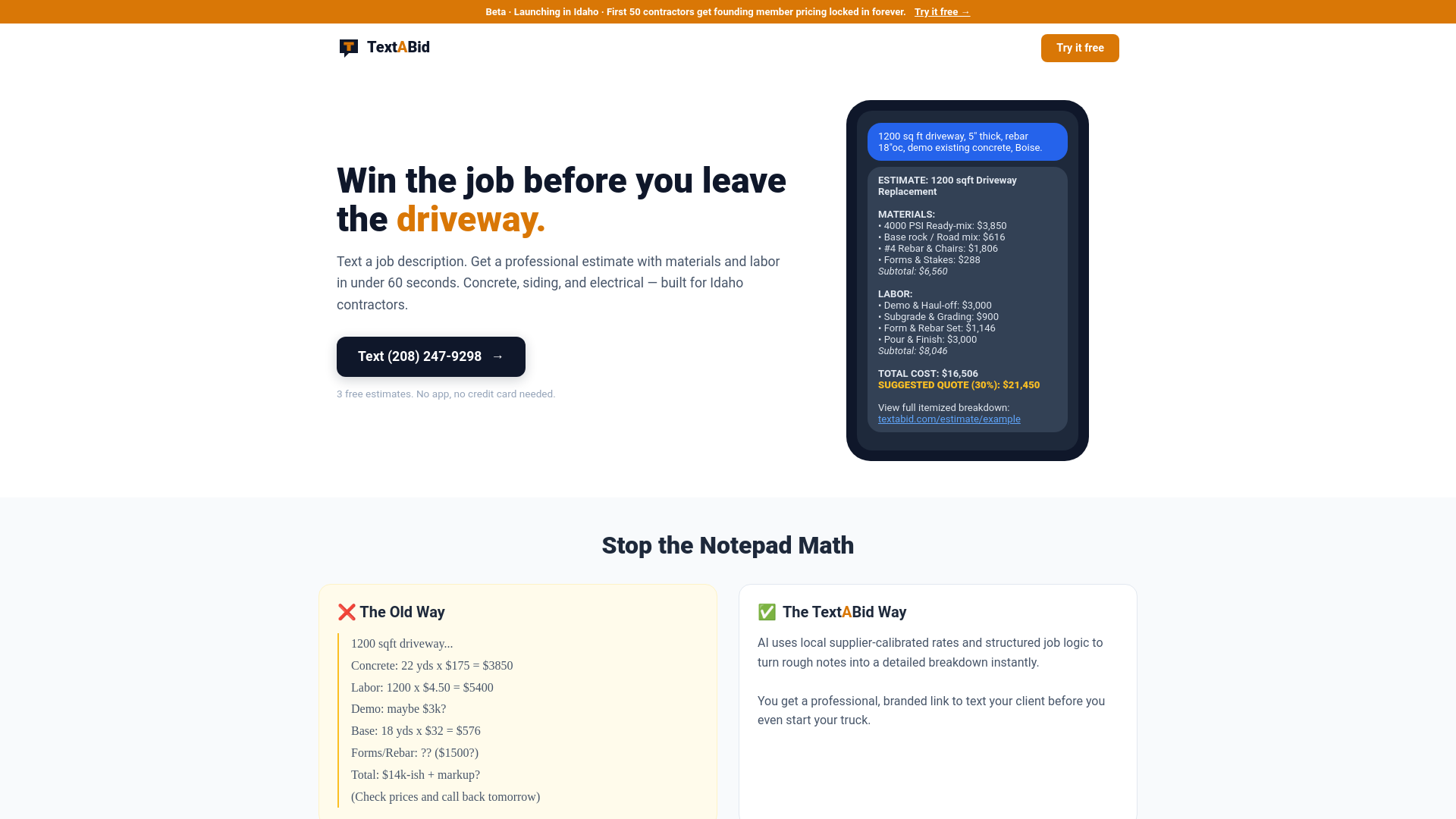 website screenshot of https://text4estimate.com