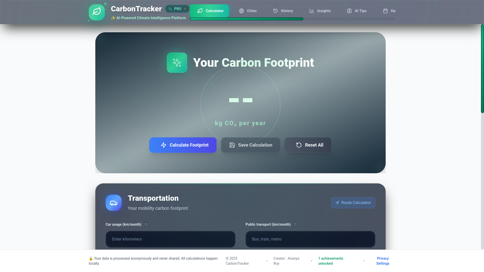 website screenshot of https://carbonfootprint-tracker.pages.dev/