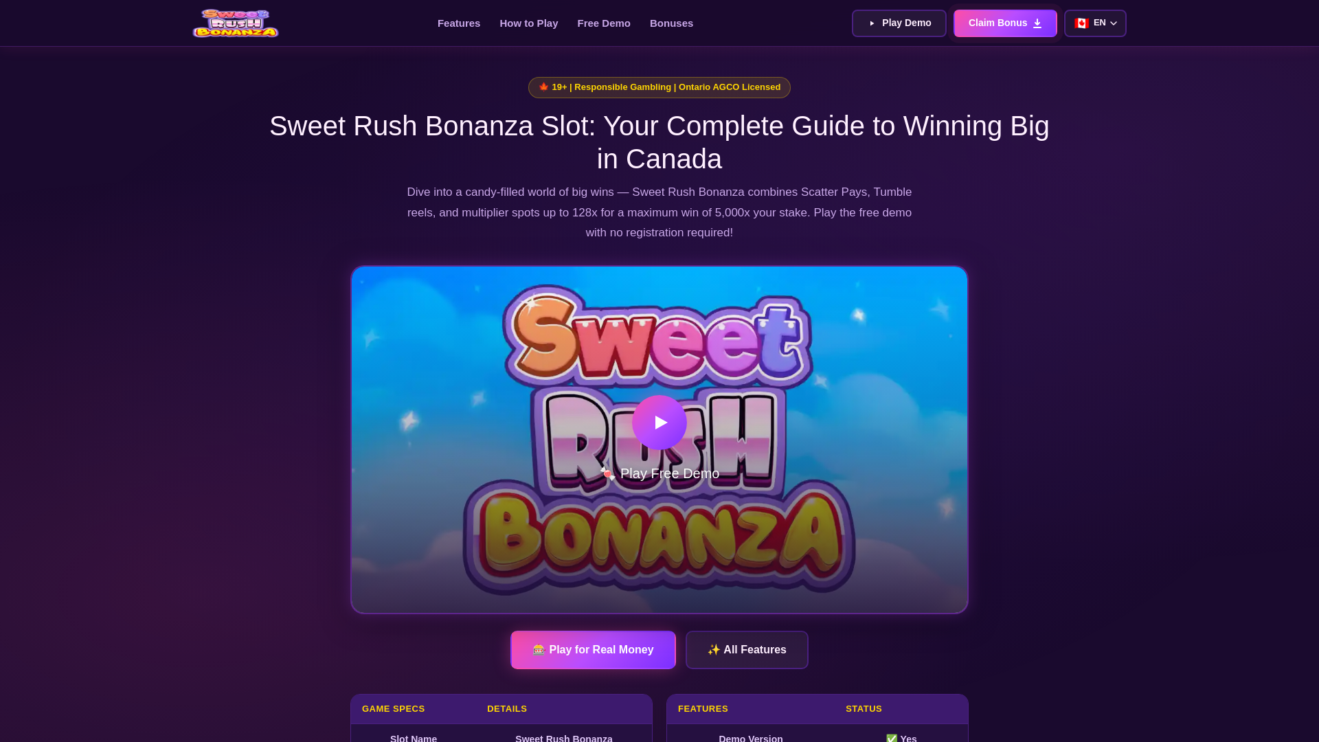 website screenshot of https://sweetrushbonanzas.ca