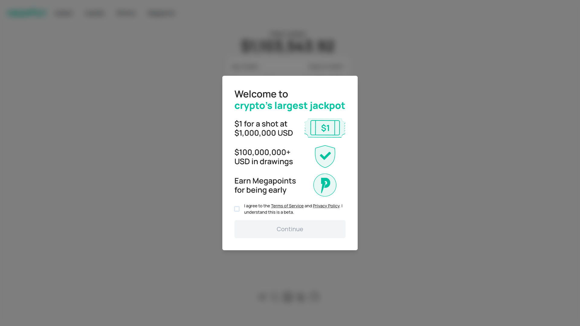 website screenshot of https://megapot.io/