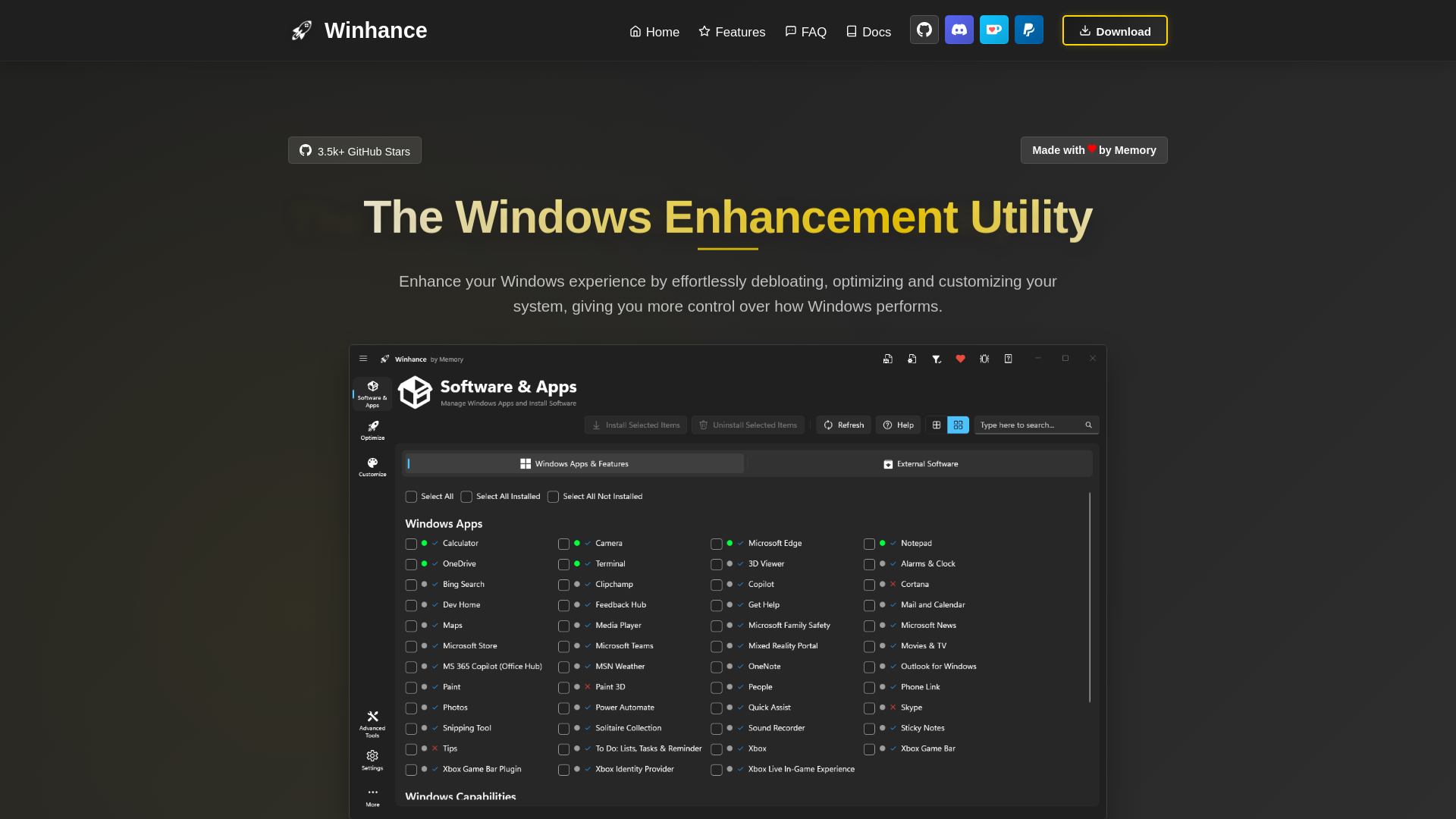 website screenshot of https://winhance.net/