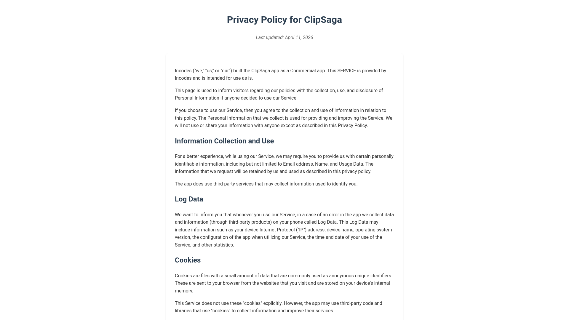 website screenshot of https://clipsaga-privacy.pages.dev/