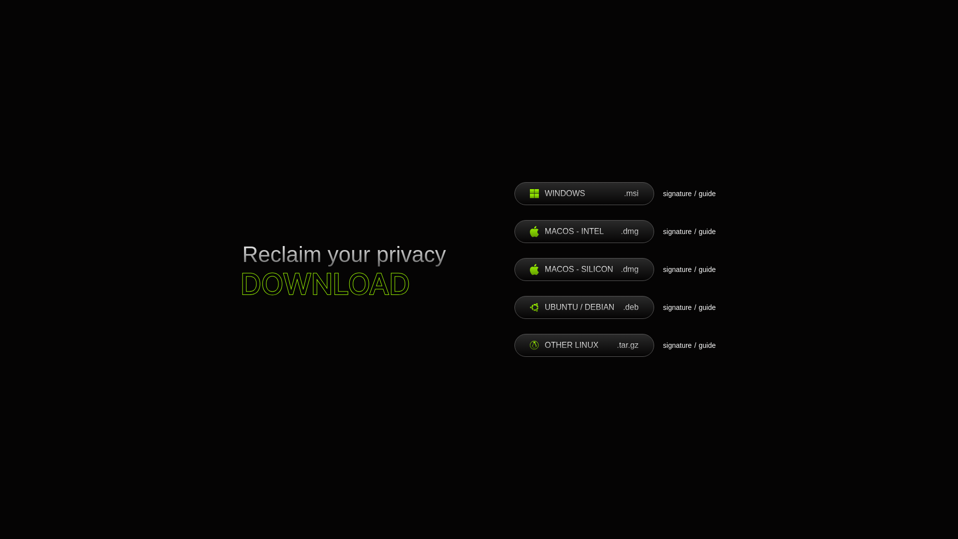 website screenshot of https://wasabiwallet.io/#download
