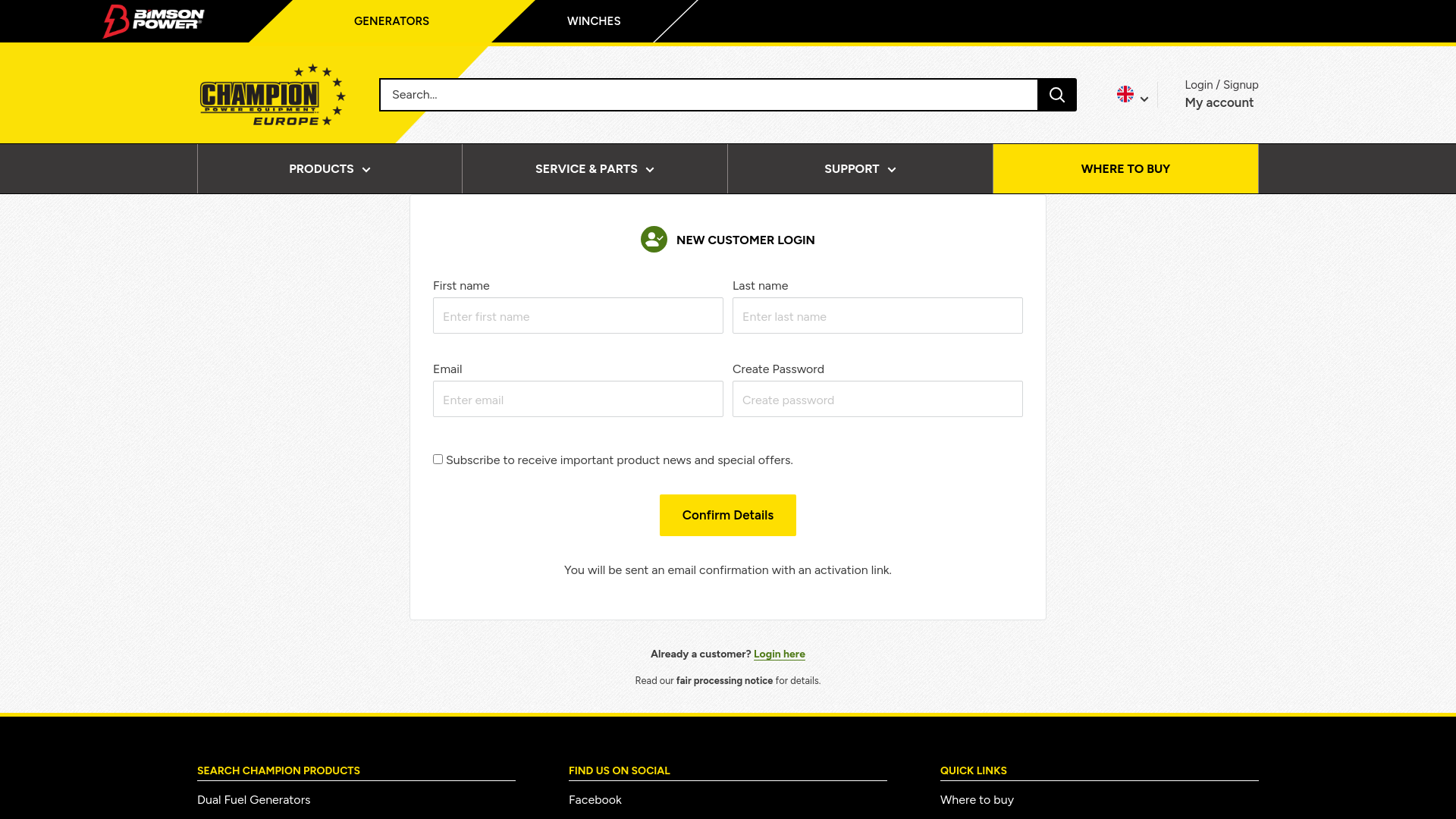 website screenshot of https://www.championpowerequipment.co.uk/account/register