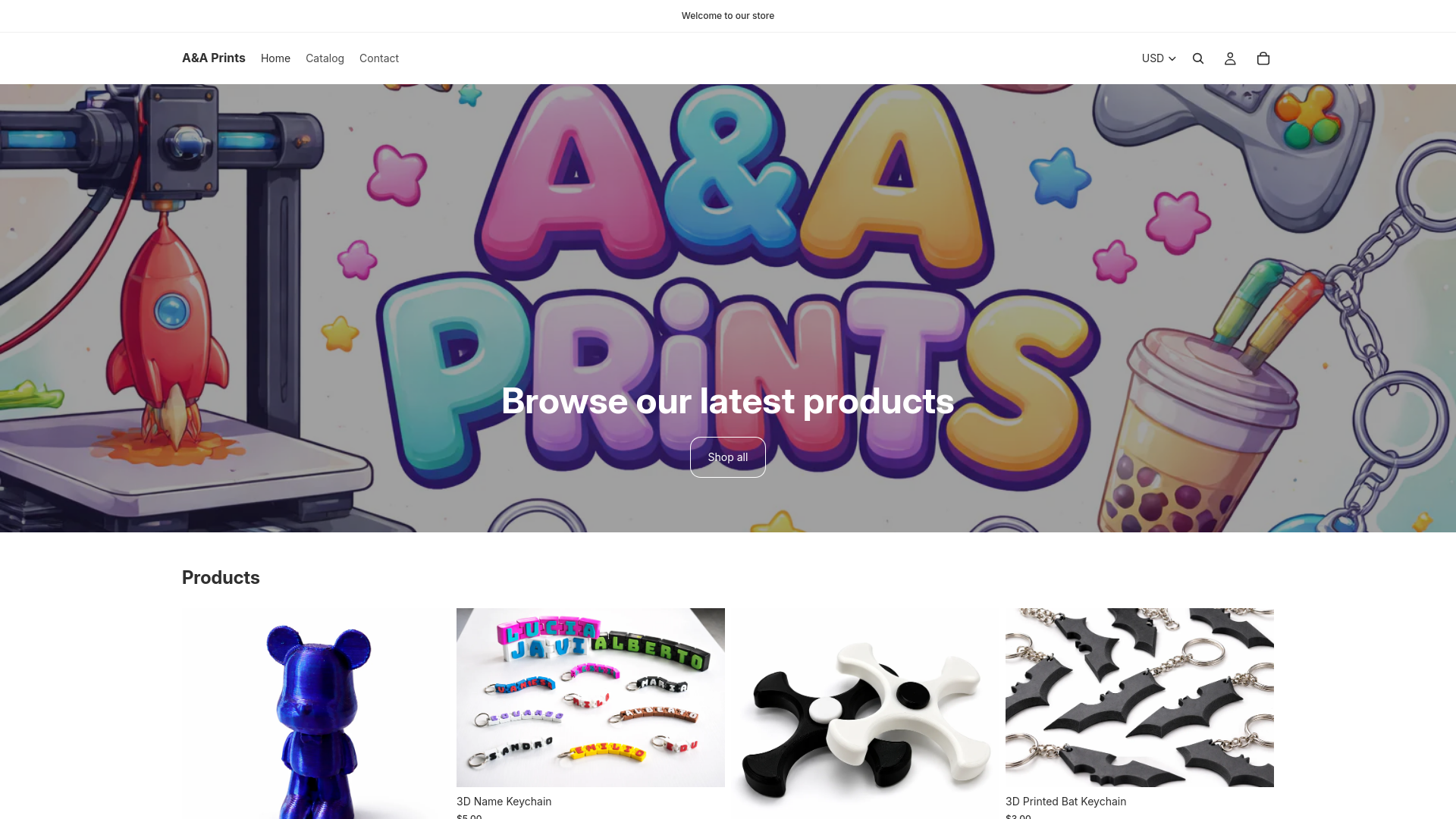 website screenshot of https://aaprints.shop/