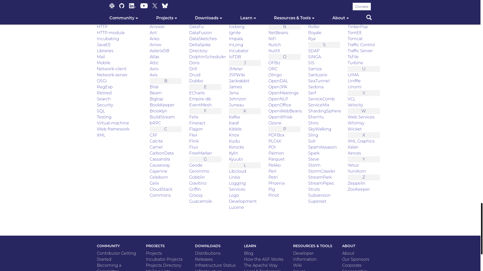website screenshot of https://www.apache.org/index.html#projects-list