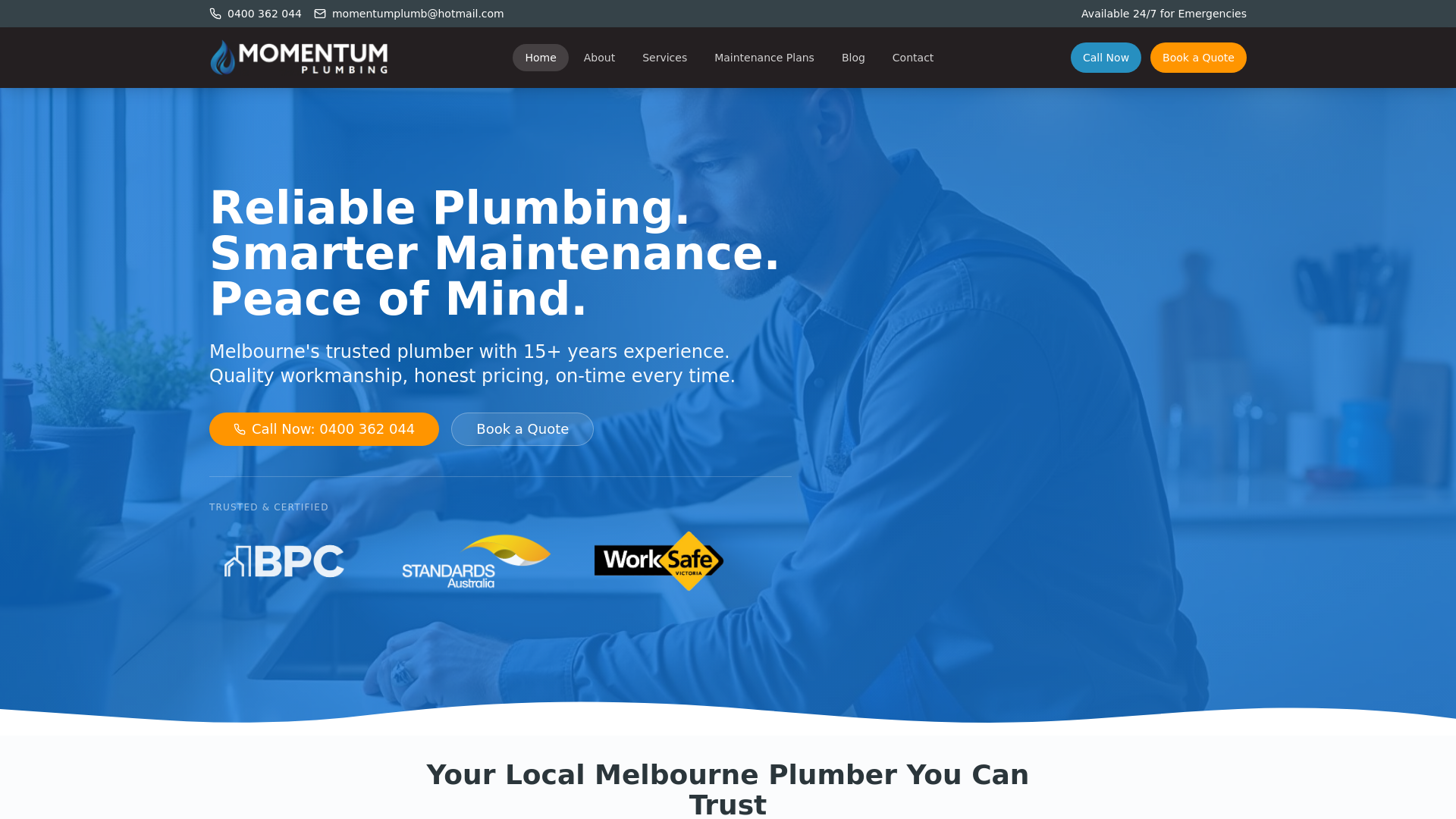 website screenshot of https://momentumplumbing.au