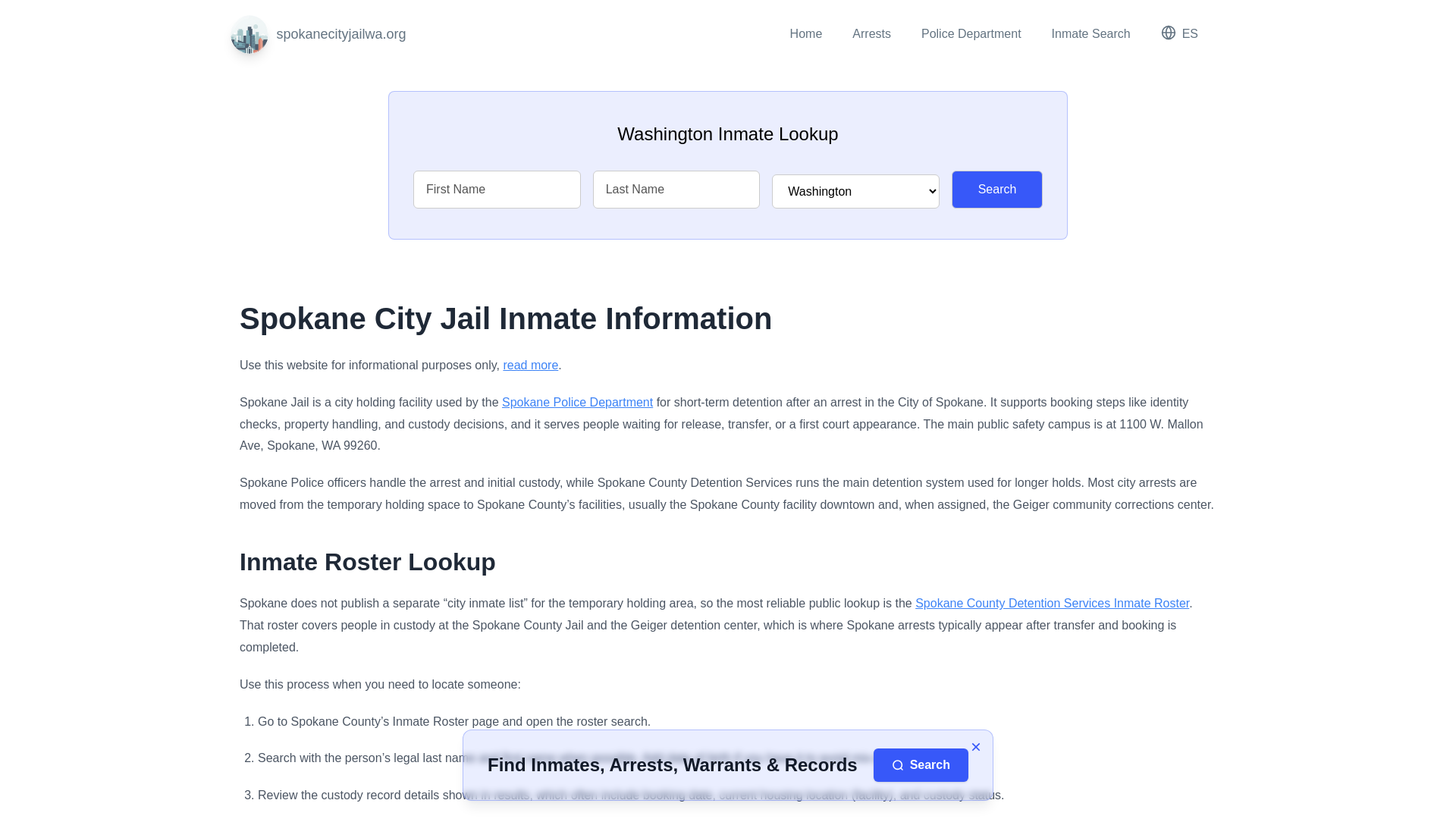 website screenshot of https://spokanecityjailwa.org/