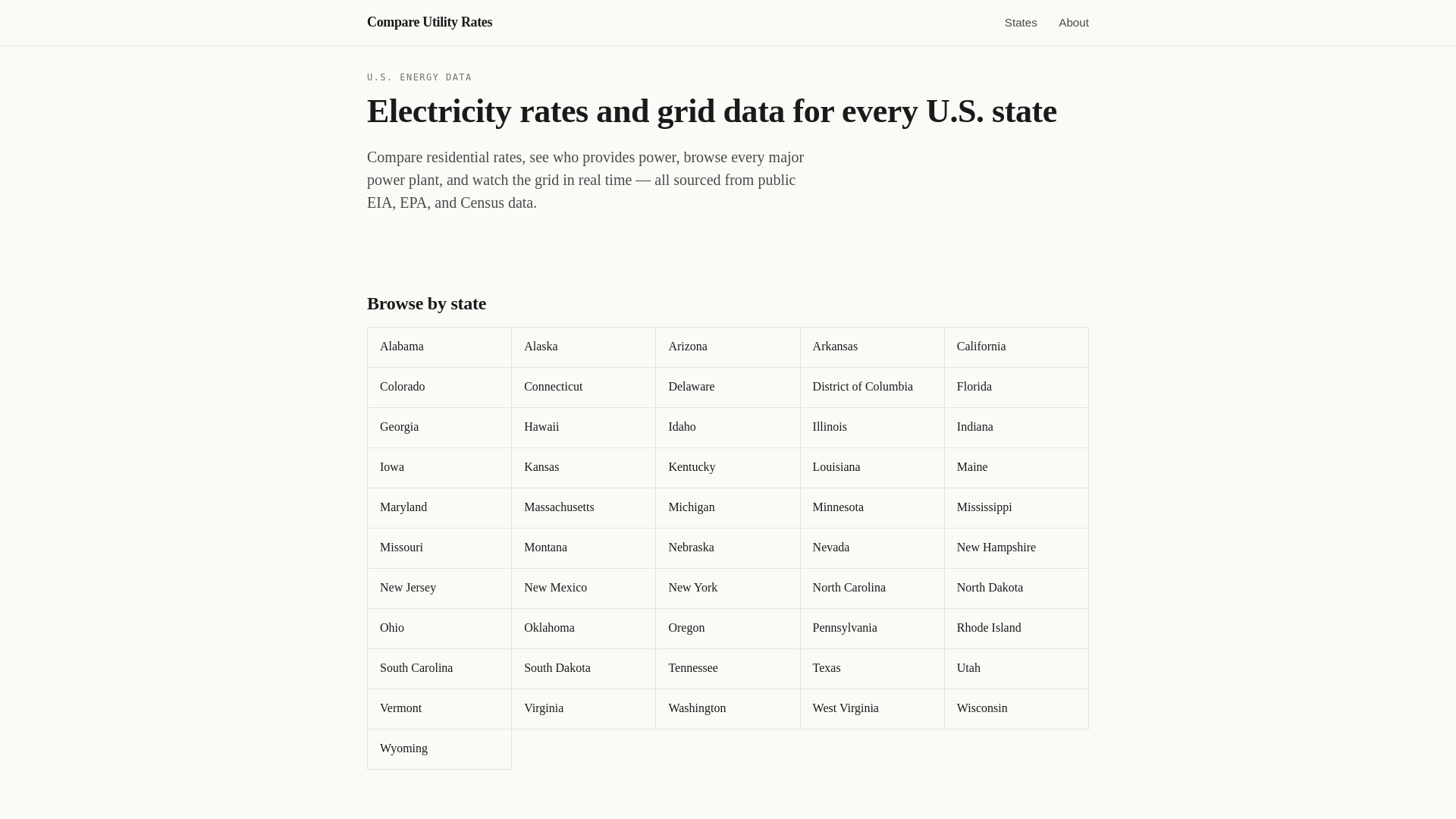 website screenshot of https://compareutilityrates.org/